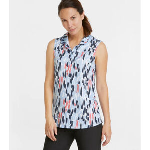 PUMA Womens M Blue 50+ UPF Cloudspun Three Brush Sleeveless Golf Polo Shirt NWT